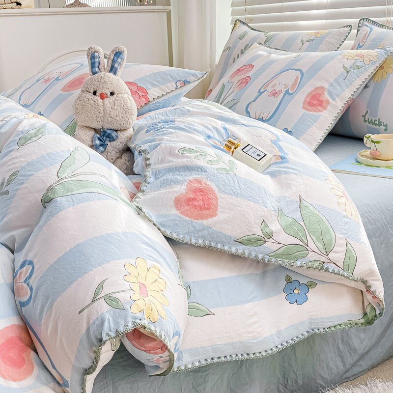 Elvesmall back to school Cute Cartoon Bear Bedding Set Simple Duvet Cover Cotton Bed Linens Bed Sheets Pillowcase Single Double For Kids Decor Home