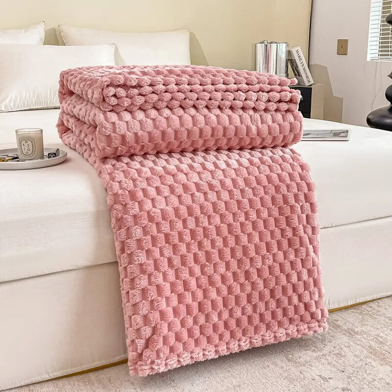 elvesmall Solid Plaid Bed Blanket Autumn Winter Soft Warm Fluffy Throw Blanket Sofa Coral Fleece Bedspread On Bed For Adults Kids Blankets