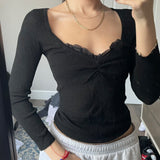 Elvesmall  Women Lace T Shirts y2k Fairy Grunge Top Long Sleeve Knitted Clothes Autumn 2000s Streetwear Basic Harajuku Clothing