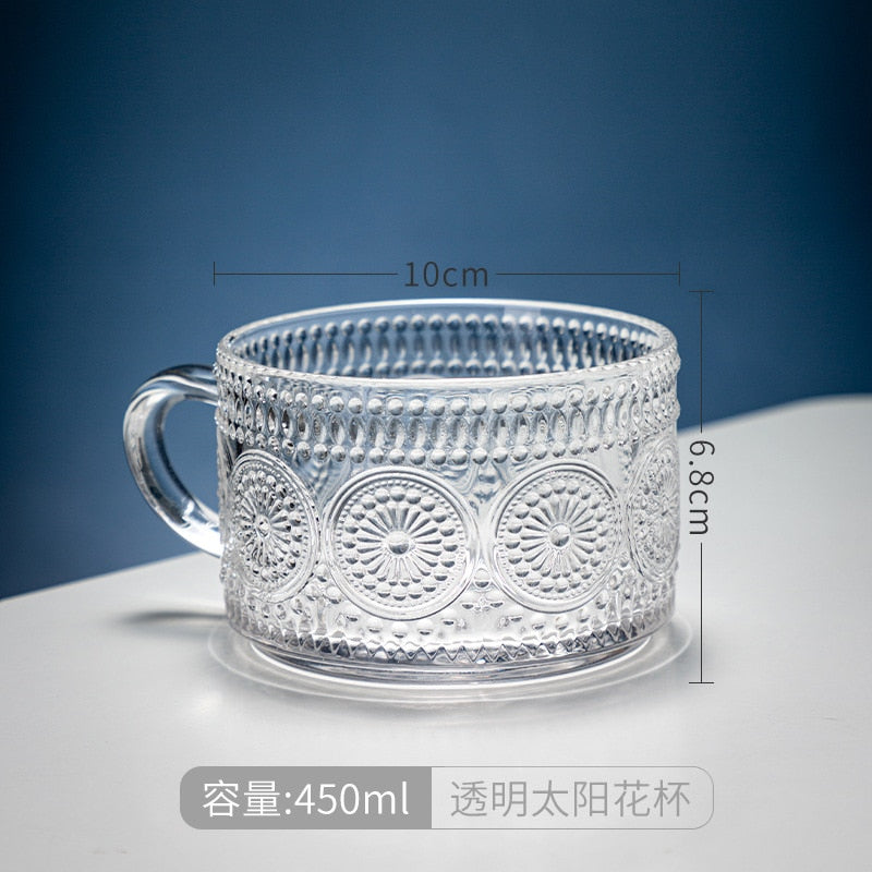 elvesmall Embossed Pattern Glass Cup Set Delicate Coffee Water Tea Milk Drinks Mug Large Capacity Breakfast Cups Drinking Utensils Glasses