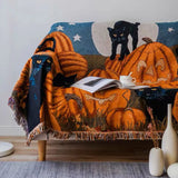 elvesmall Textile City Halloween Pumpkin Cat Tassel Throw Blanket Retro Ins Style Luxury Home Decoration Soft Cover Thick Picnic Mat