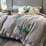 Blue Butterfly Embroidery Bedding Set Luxury Grey Egyptian Cotton Soft Duvet/Quilt Cover Flat Bed Sheet Pillowcases King Queen