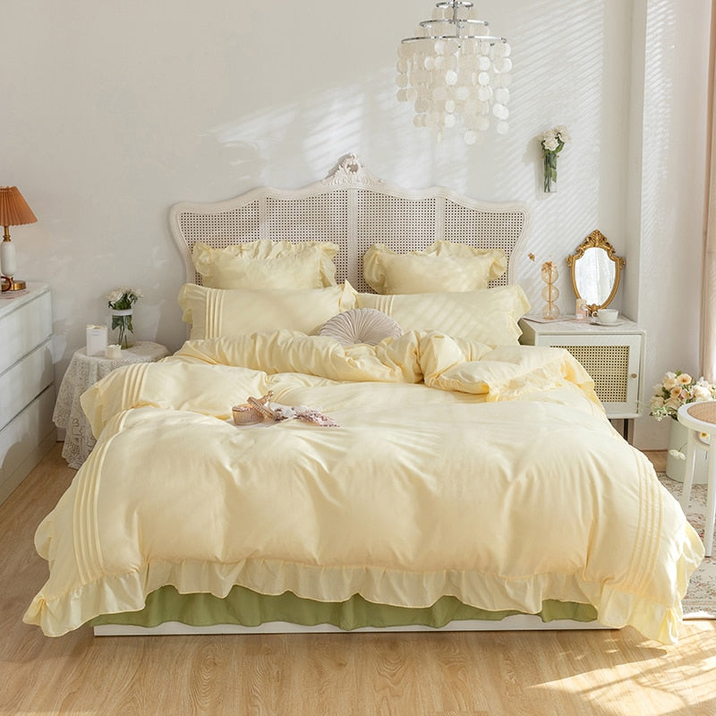 Elvesmall Lace Ruffles Bedding Set White and Gray Color Bedclothes for Boys/Girls Full Size Quilt Cover Sets Queen/King Bed Linen Sets