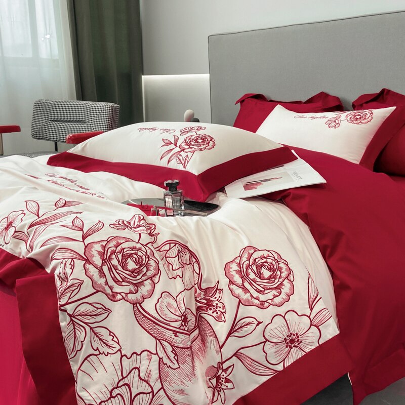 Elvesmall Egyptian Cotton Bedding Set Red Flowers Embroidery Duvet Cover Soft Bed Sheet Pillowcases Bed Sets Home Textile Queen King Size
