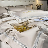 Elvesmall Beige Hollow out Embroiderd Long Staple Cotton Bedlinens Bedding Set (Duvet Cover Flat Sheet Pillow Shams) Queen King Size