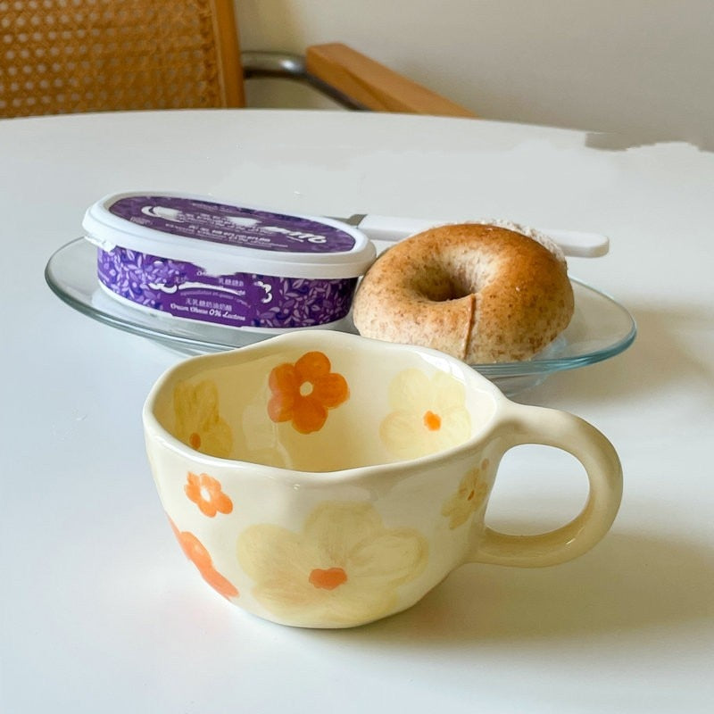 elvesmall Ceramic Mugs Coffee Cups Hand Pinched Irregular Flower Milk Tea Cup ins korean style Oatmeal Breakfast Mug Drinkware Kitchen