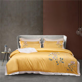 High end Flowers Embroidery Duvet Cover Set Luxury 100S Cotton Yellow Bedding Bed Sheet Pillowcases Solid Color Home Textile