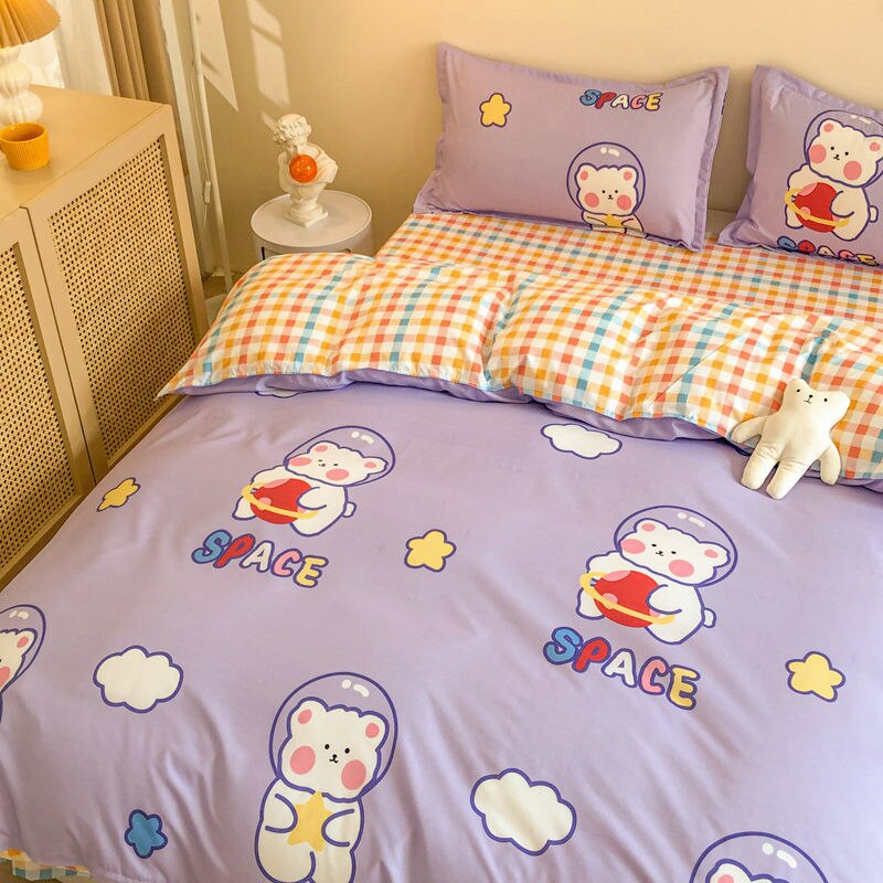 Elvesmall Spring Bedding Set Fashion Cartoon Kids Single Double Queen Size Flat Sheet Duvet Cover Pillowcase Bed Linens Home Textile
