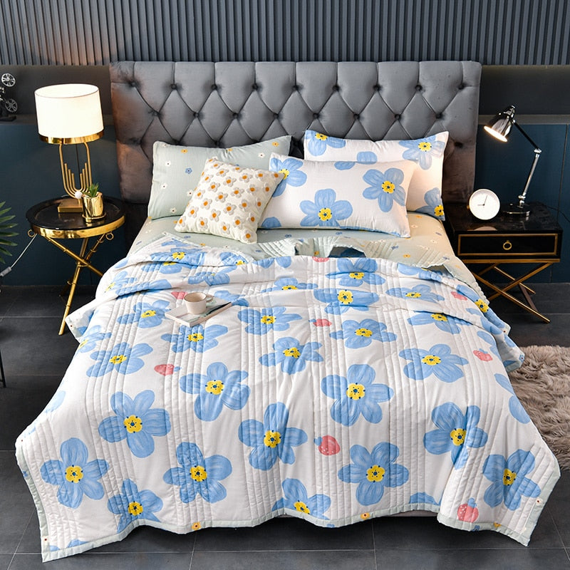 elvesmall Summer Washed Cotton Quilt Air-conditioning Comforter Soft Breathable Blanket Thin Leaf Print Bedspread Bed Cover Home Textiles
