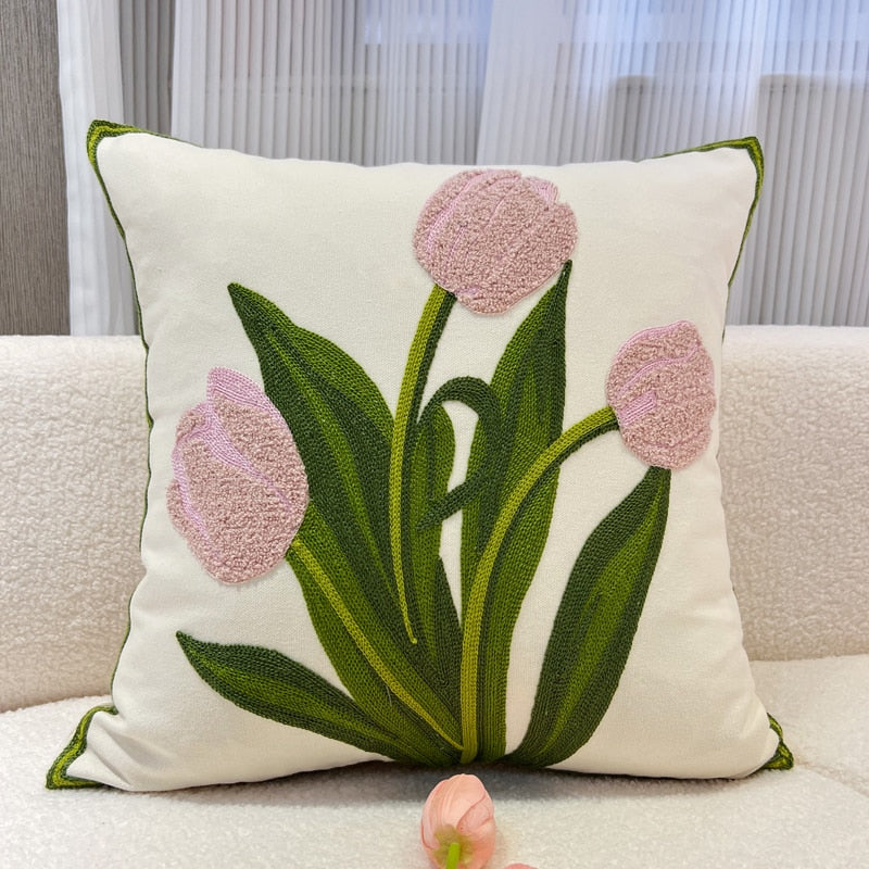 elvesmall Retro Tulips Orchid flower Embroidered Pillowcase Cushion Cover Morden Casual Cotton Case Sofa Bedroom Decro 45x45cm