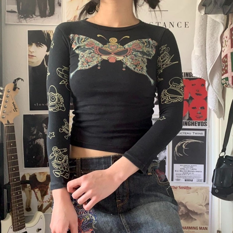 Elvesmall  y2k Graphic Crop Top 2000s Aesthetic Women Print Round Neck Long Sleeve T Shirts Grunge Fairy Core Clothes Streetwear