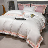 New Luxury Pink Embroidery White Bedding Set 100% Cotton 4pcs Solid Color Duvet Cover Bed Sheet Linen Pillowcases Home Textile