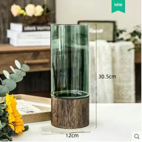 elvesmall Vases Simple European hydroponic plant household living room table  inserted flower wood base transparent glass vase Home Decor