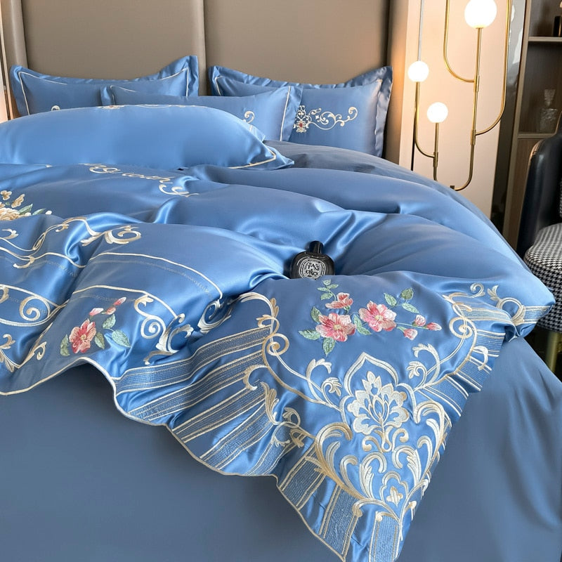 Blue Satin Cotton Bedding Set Europe Flowers Embroidery Duvet Cover Solid Color Bedspread Sheet Pillowcases Home Textile
