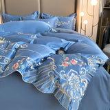 Blue Satin Cotton Bedding Set Europe Flowers Embroidery Duvet Cover Solid Color Bedspread Sheet Pillowcases Home Textile