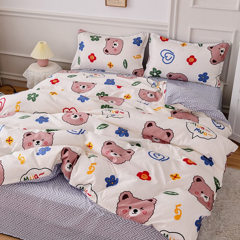Elvesmall Cute Bear Bedding Set Girls Boys Kids Single Double Size Flat Sheet Duvet Cover Pillowcase Bed Linens White Blue Home Textile