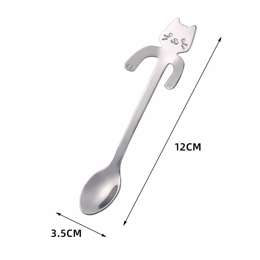 elvesmall Funny Cat Spoons Cute Cartoon Meow Teaspoons For Coffee Dessert Cake Long Tail Spoon Birthday Gift Kitchen Tableware Accessories