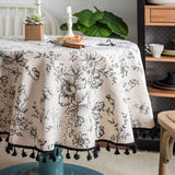 elvesmall Cotton Linen Table Cloth Round Tablecloth with Tassel Dust-Proof Floral Circular Table Cover for Kitchen Dinning Tabletop Decor