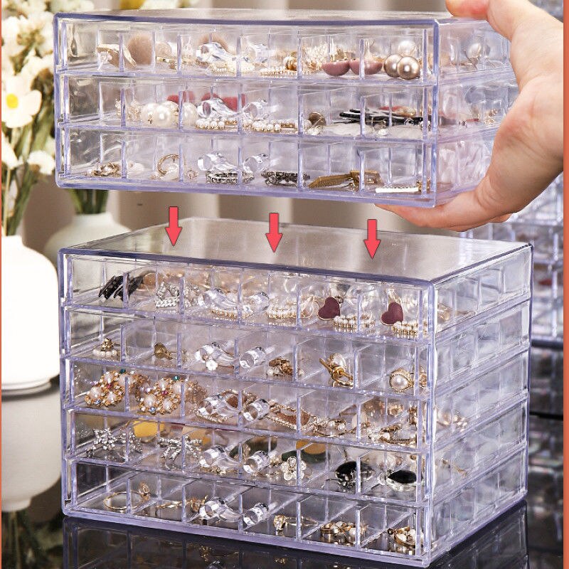 elvesmall Jewelry Organizer Cosmetic Storage Box Organizer Nail Art Diamond Display Stand Drawer Transparent Acrylic Plastic Box Stackable