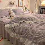 elvesmall Pink Ruffled Seersucker Duvet Cover Set 3/4pcs Soft Lightweight Down Alternative Grey Bedding Set with Bed Skirt and Pillowcases