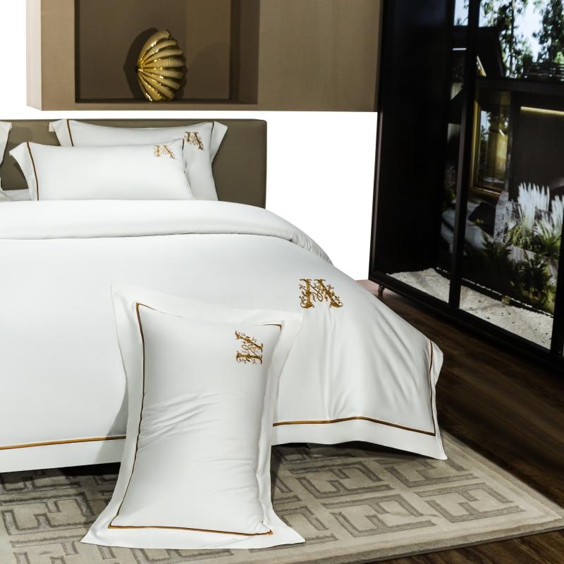 Elvesmall High-end Hotel Bedding Set Luxury Gold Stripe Embroidery White Egyptian Cotton Duvet Cover Bed Sheet Pillowcases Home Textile