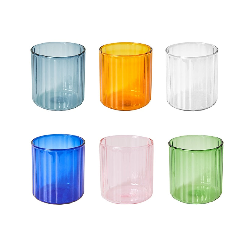 elvesmall 6 Colors Glass Cups Heat Resistant Glass Cup Brewing Mugs Stripe Glass Tea Office Juice Coffee Milk Mug Family Cups