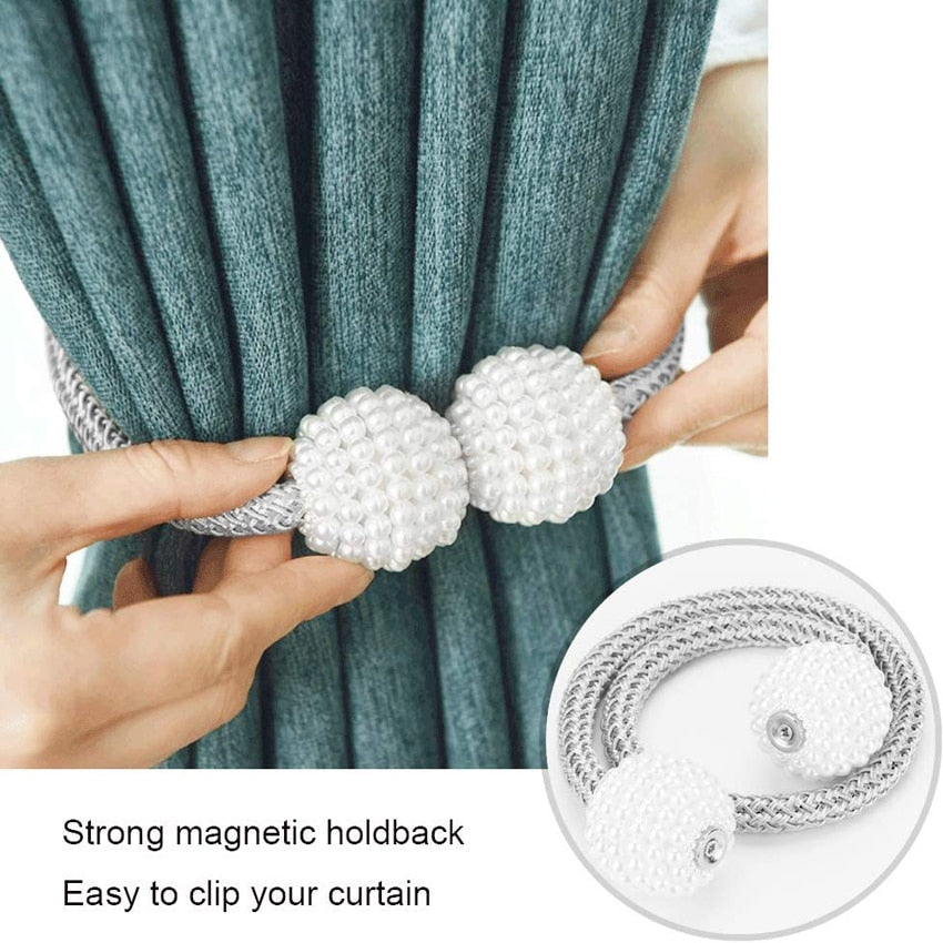 elvesmall Magnetic Curtain Tiebacks Pearl Ball Home Curtain Buckle European Decoration Weave Clips Rope Straps Holder for Big Drapries