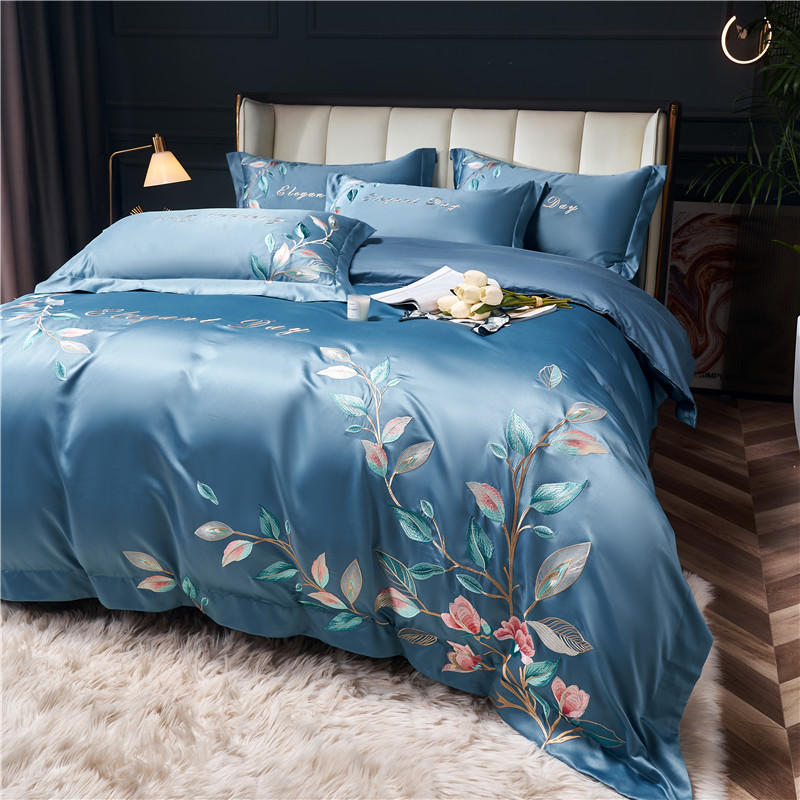 Flowers Art Embroidery Home Textile Green Bedding Set Luxury Solid Color Cotton Double Duvet Cover Sheet Bed Linen Pillowcases