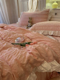 elvesmall Pink Ruffled Seersucker Duvet Cover Set 3/4pcs Soft Lightweight Down Alternative Grey Bedding Set with Bed Skirt and Pillowcases