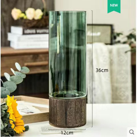elvesmall Vases Simple European hydroponic plant household living room table  inserted flower wood base transparent glass vase Home Decor