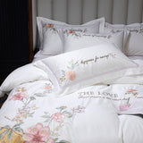 Elvesmall New Luxury White Bedding Set 100% Cotton 4pcs Flower Embroidery Princess Duvet Cover Flat Sheet Pillowcases Queen King Size