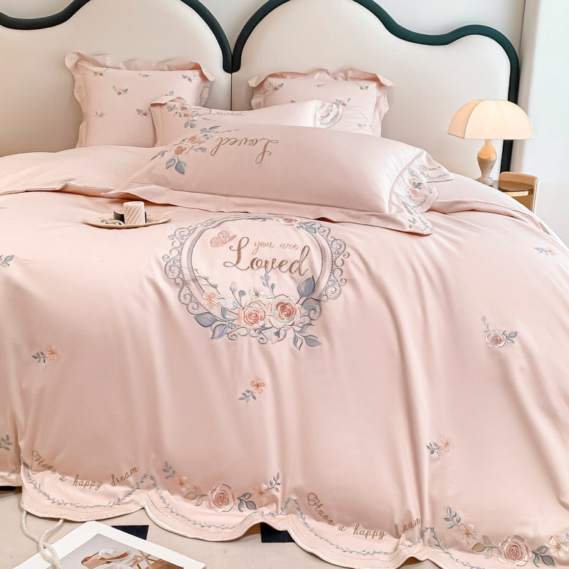 Elvesmall High End Rose Flowers Embroidery Duvet Cover Set Luxury Pink/Beige Egyptian Cotton Princess Bedding Bed Sheet Pillowcases