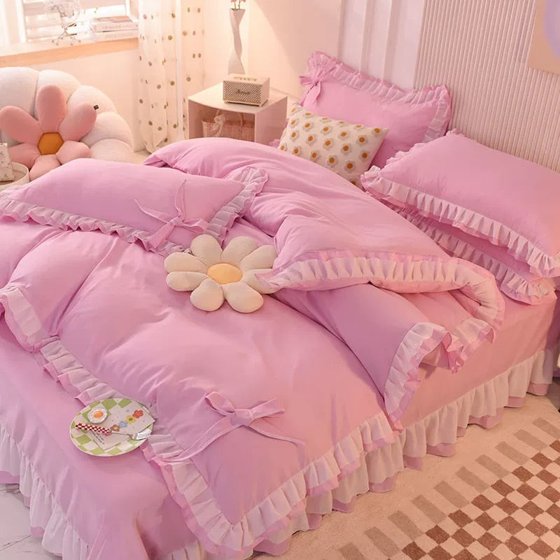 Elvesmall back to school Purple Bedding Sets Kawaii Seersucker Bed Sheet Pillowcase Fashion Girl Princess Duvet Cover 4 Pieces Cute Home Decoration