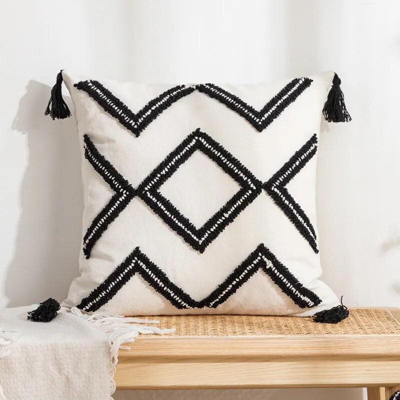 elvesmall Grey White Simple Loop Tufted Cushion Cover Wabi Sabi Geometric Embroidery Tassel Pillow Cover Home Decorative Cushions for Sofa
