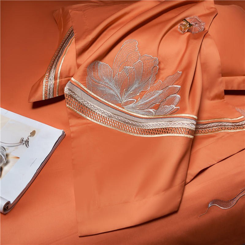 Elvesmall New Luxury Oriental Art Embroiderd Orange Bedding Set Cotton 4pcs Bloom Flowers Quilt/Duvet Cover Bed Sheet Linens Pillowcases