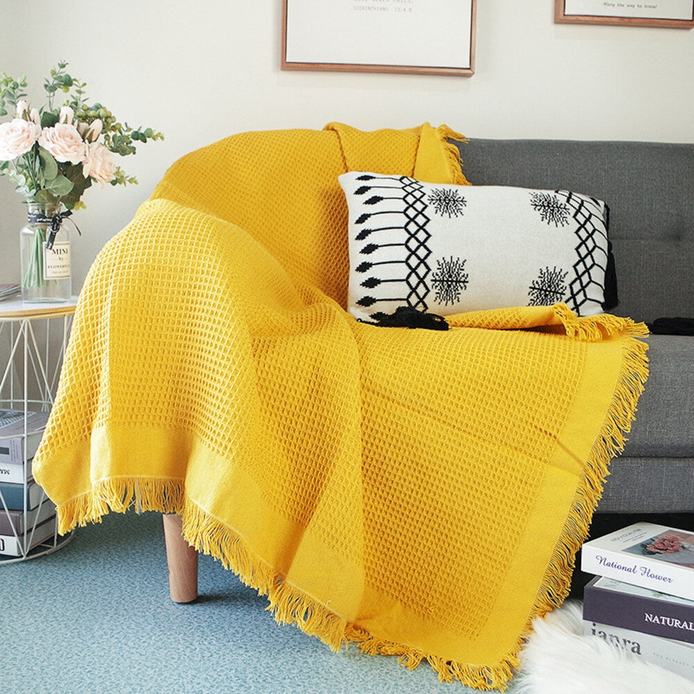 elvesmall Home Hotel Pure Cotton Bedding Office Sofa Knitted Cover Blanket With Tassel Tapestry For Bed Airplane Travel Decor Blankets