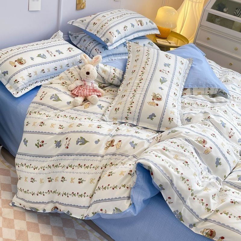 Elvesmall Kawaii Cherry Duvet Cover Set Pillowcase Flat Sheet Floral Boys Girls Twin Full Size Soft Bedding Kit Korean Ins Style Home Use