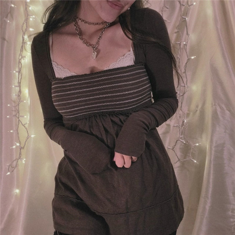 Elvesmall  Fairy Grunge Top y2k Aesthetic Striped Square Collar Long Sleeve T Shirt Tee 2000s Women Clothes Vintage Streetwear