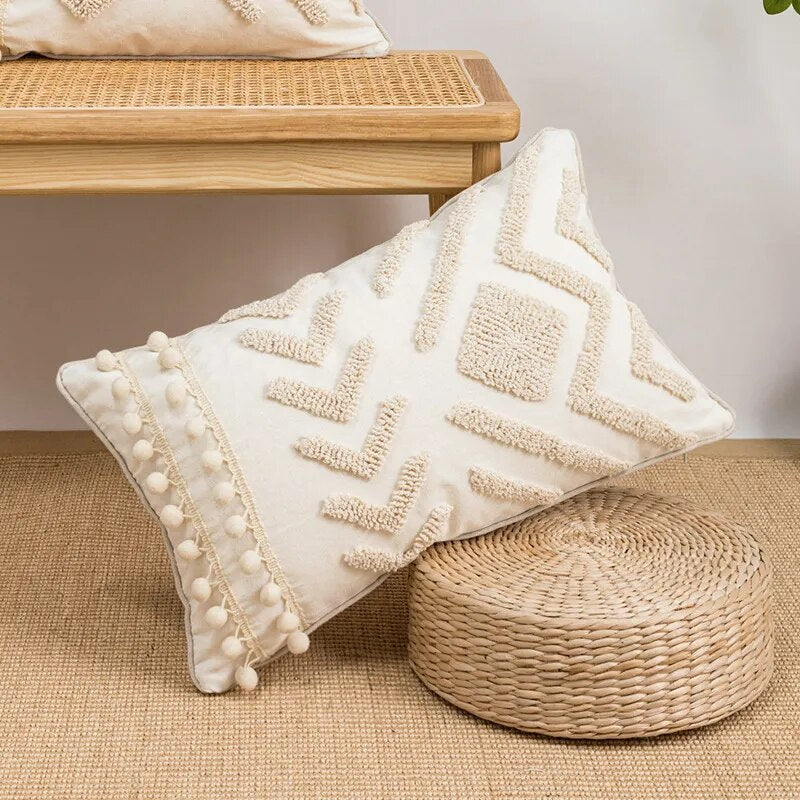 elvesmall Grey White Simple Loop Tufted Cushion Cover Wabi Sabi Geometric Embroidery Tassel Pillow Cover Home Decorative Cushions for Sofa