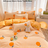 Elvesmall back to school INS Orange Checkerboard Duvet Cover Bed Sheet Pillowcases Twin Full Double Size Floral Bedding Set Decor Home For Kids Girls