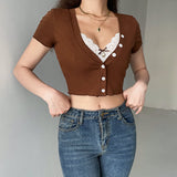 Elvesmall  Y2K Lace Trim Crop Top Brown Cotton Button T Shirt Short Sleeve V Neck Retro Harajuku Basic Casual Cardiagns Women Tee