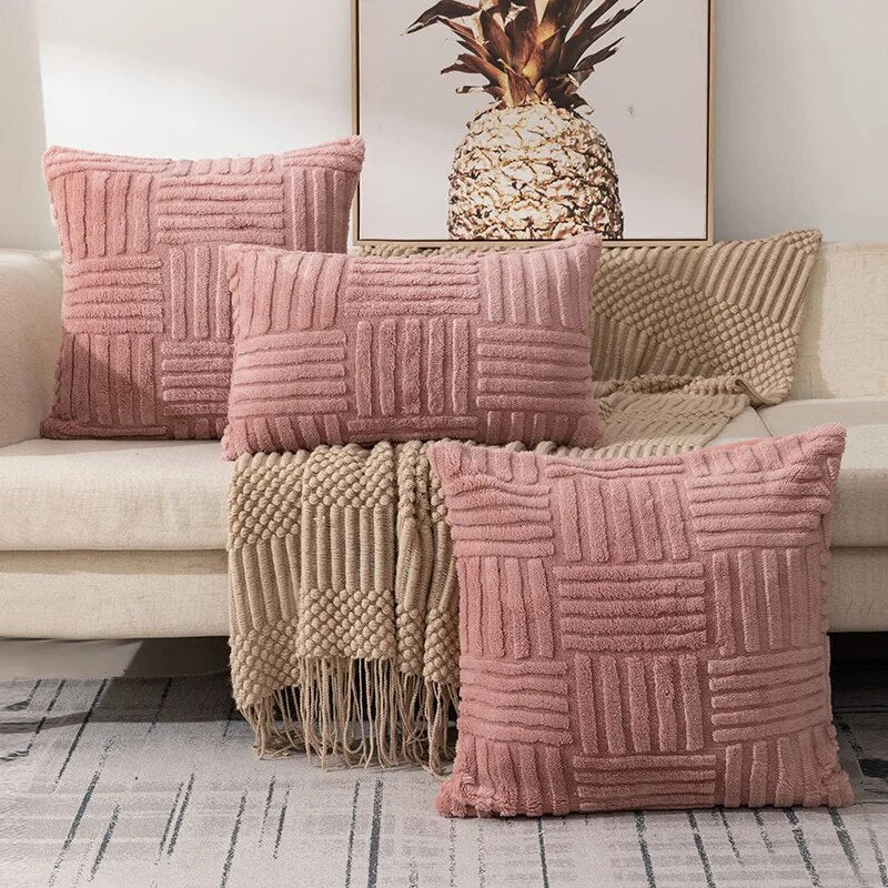 elvesmall Plush Decorative Throw Pillow Covers Fuzzy Striped Soft Pillowcase Cushion Covers Cushion Case Shell for Sofa Couch Bedroom