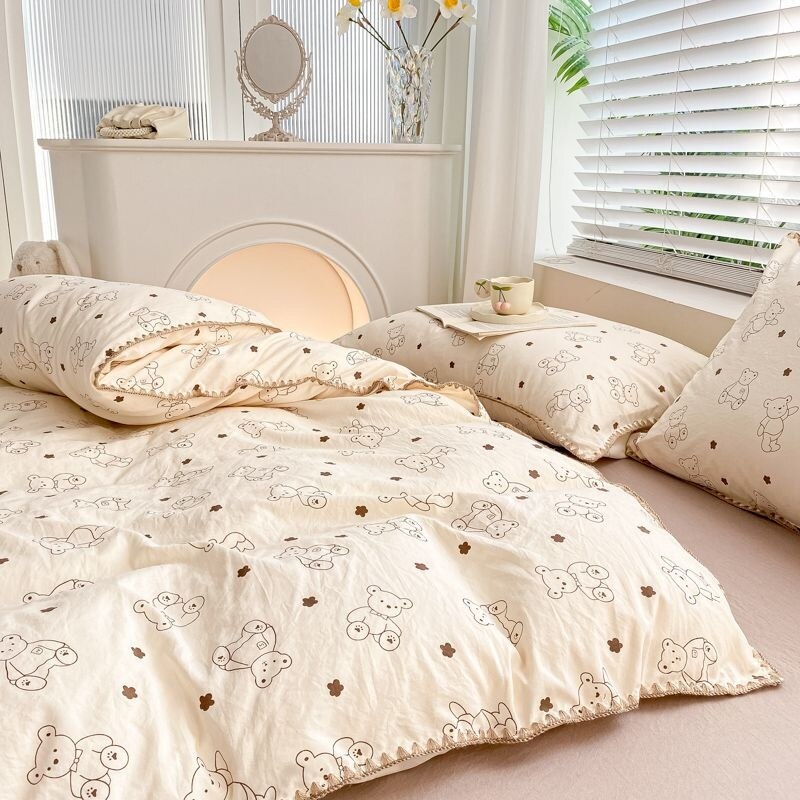 Elvesmall back to school Cute Cartoon Bear Bedding Set Simple Duvet Cover Cotton Bed Linens Bed Sheets Pillowcase Single Double For Kids Decor Home
