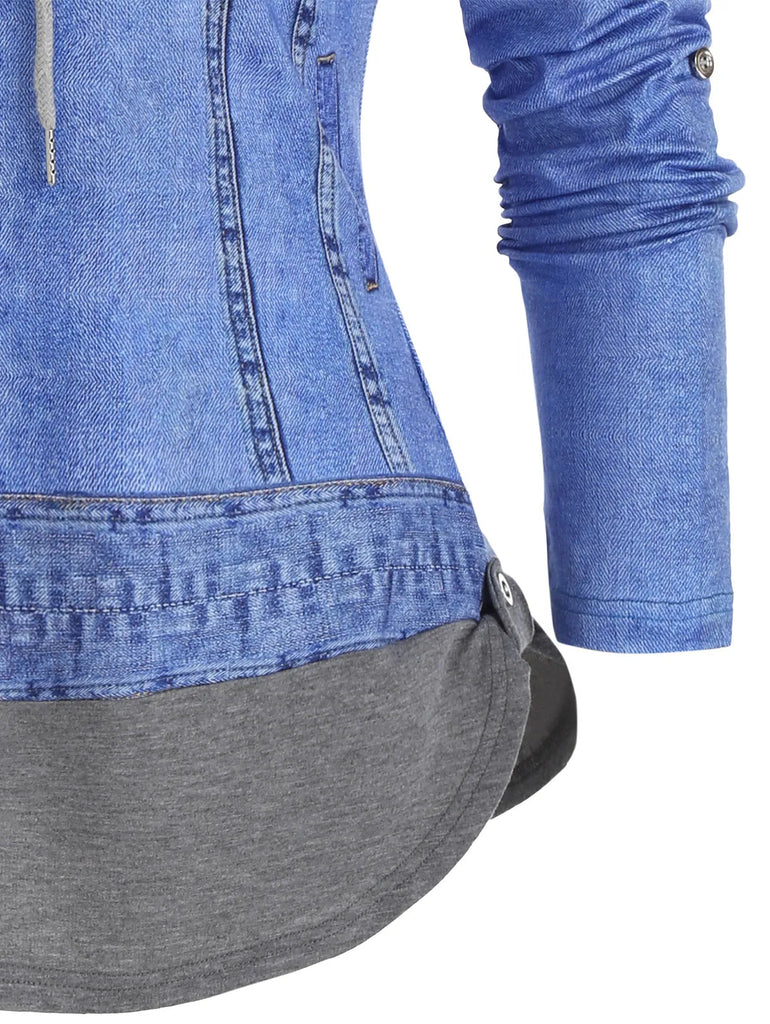 Elvesmall  Casual Denim Jacket 3D Print O Ring Zipper Hooded Faux Twinset T Shirt Women False Two Piece Long Sleeve Tee