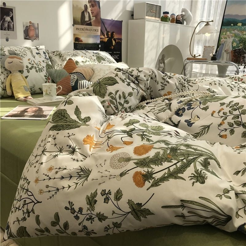Elvesmall back to school European Ins Floral Brushed Home Bedding Set Simple Soft Duvet Cover Set With Sheet Comforter Covers Pillowcases Bed Linen