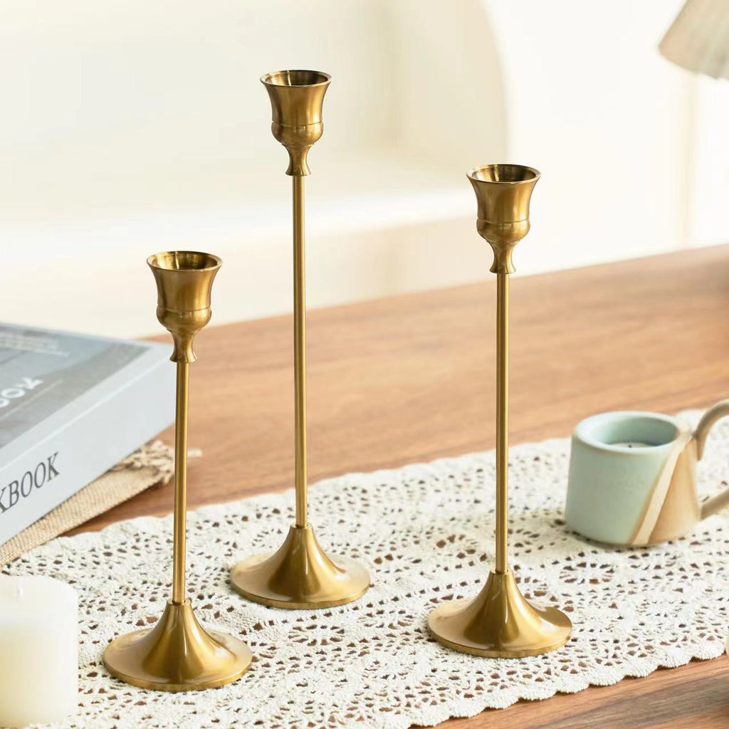 elvesmall 3pc Candlestick Holders Kit Brass Gold Candlestick Set Candle Holders Decorative Candlestick Stand for Wedding Party Dinning