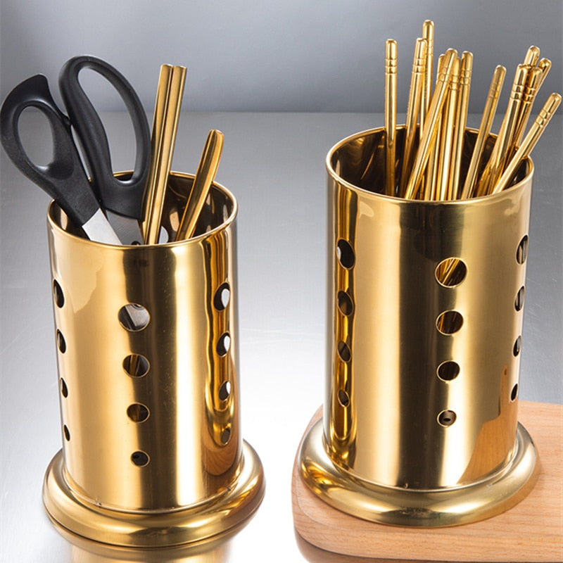elvesmall Stainless Steel Golden Chopstick Rack Basket Tableware Hanging Cutlery Storage Holder Organizer Kitchen Household Accessories