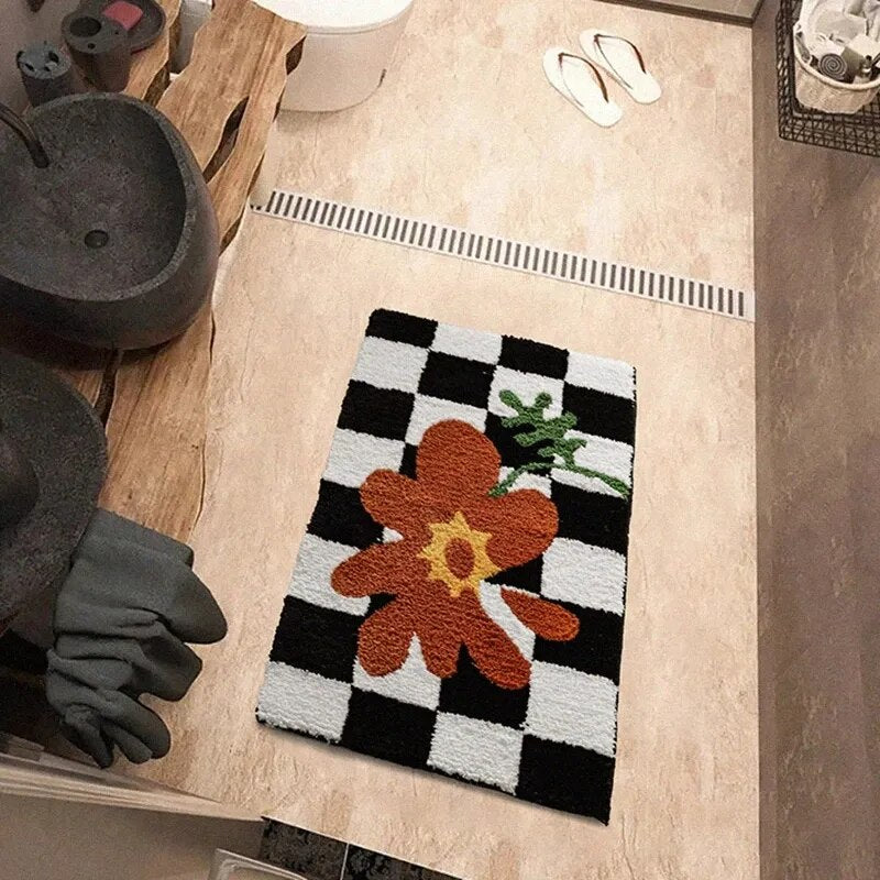elvesmall Retro Chessboard Plaid Bath Mats Fluffy Grids Soft Floral Carpet Bathroom Carpet Bedside Carpet Home Decor Anti Slip Floor Mats