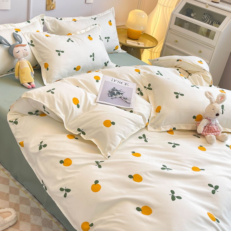 Elvesmall Ins Style Duvet Cover Set with Flat Sheet Pillowcases Cute Orange Cherry Crow Printed Single Double Queen Size Girls Bedding Kit
