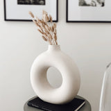 elvesmall Nordic Vase Circular Hollow Ceramic Donuts Flower Pot Home Living Room Decoration Accessories Interior Office Desktop Decor Gift